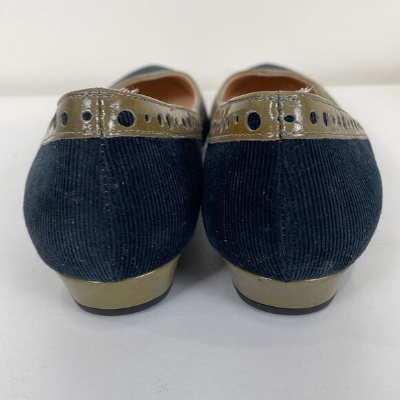 Butter Women’s Corduroy Flats 6.5 Leather Trim Kitten Heel Black Tan - Picture 4 of 7